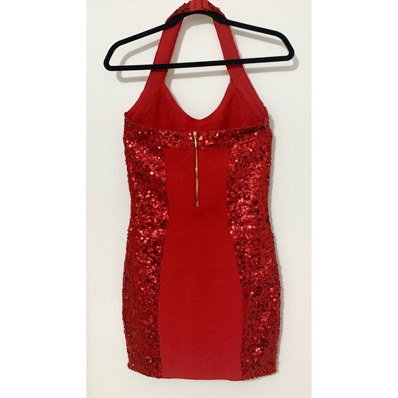 Red Guess Halter Dress with Sequin Detailing - Picture 2 of 8